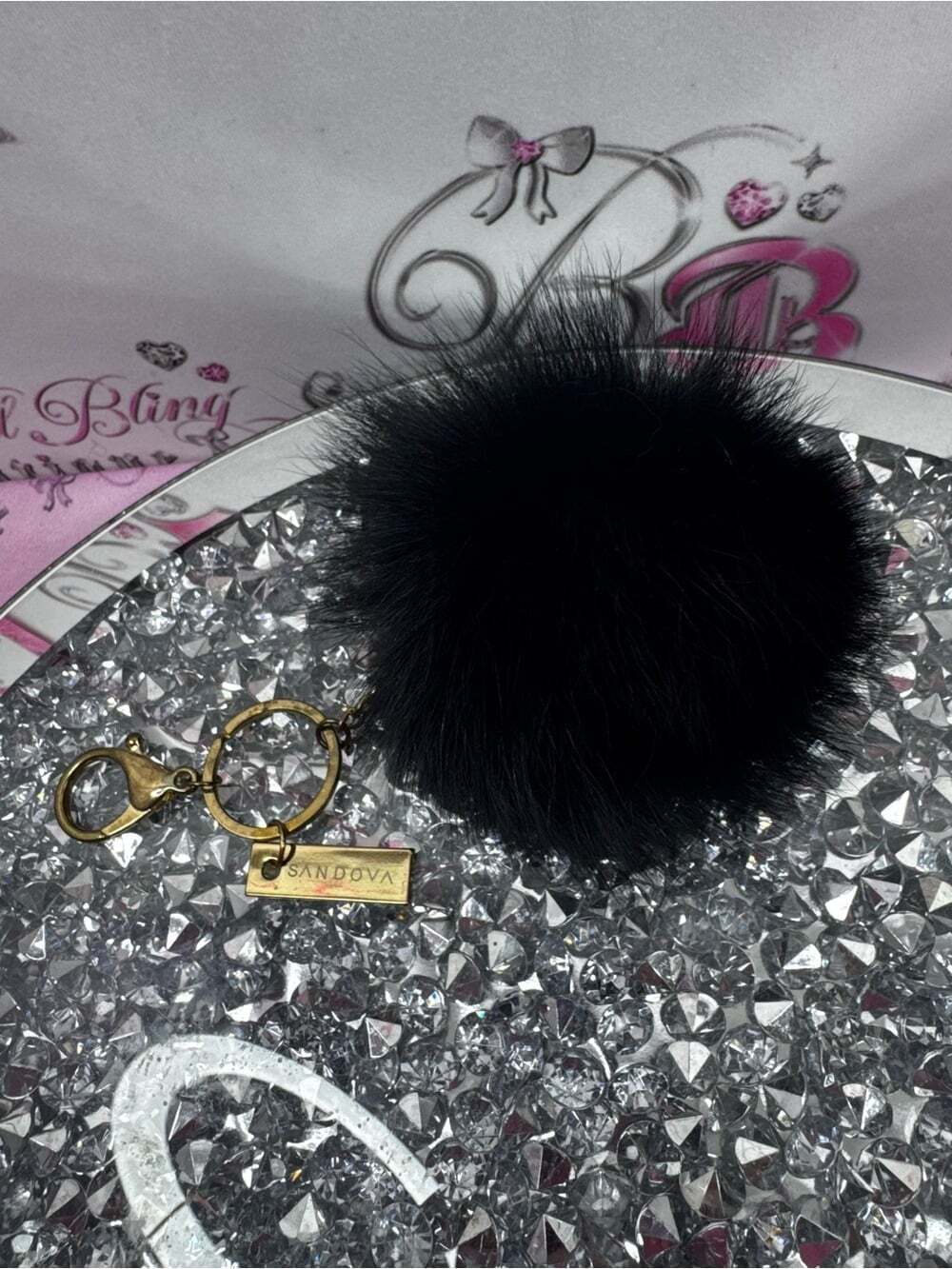 SANDOVA fox fur real fur Pom Pom Keychain black fluff ball charm